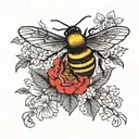 flowers with bee flying tattoo design idea