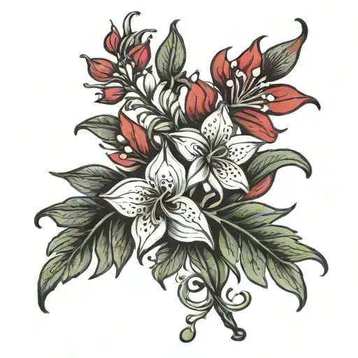 Photorealistic red licorice tattoo design. Intricate red flowers, no green. Clean white background. tattoo design idea