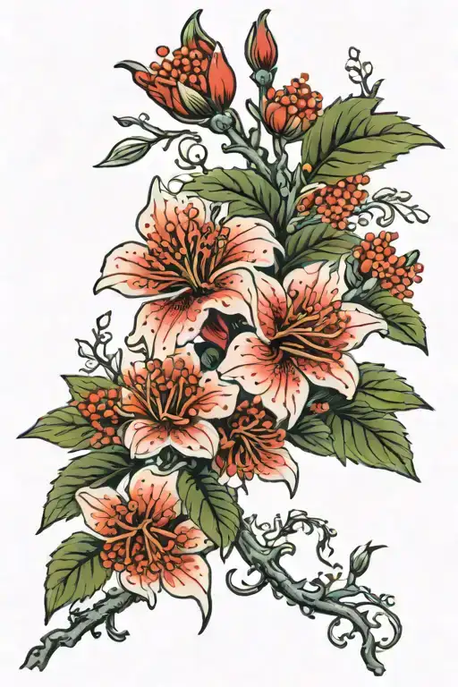 Photorealistic red licorice tattoo design. Intricate red flowers, no green. Clean white background. tattoo design idea