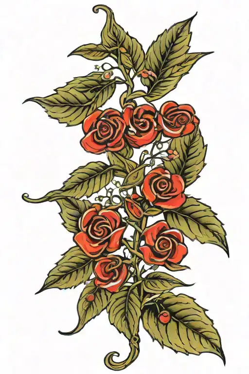 Photorealistic sketch of an intricate red licorice tattoo design on a clean white background. Highly detailed leaves, fl tattoo design idea