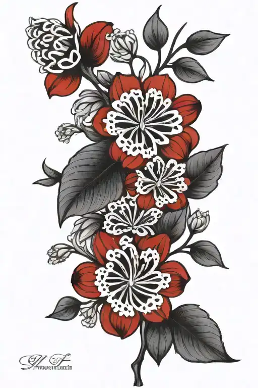 Photorealistic red licorice floral tattoo design. Intricate red flowers, no stems or vines. Clean white background. . tattoo design idea