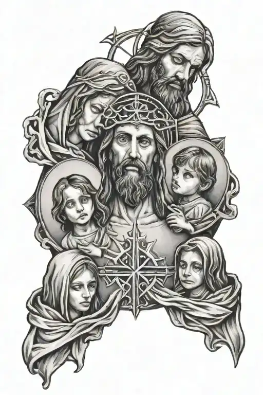 FAMILY OF FOUR LOOKING AT JESUS IN CROSS tattoo design idea