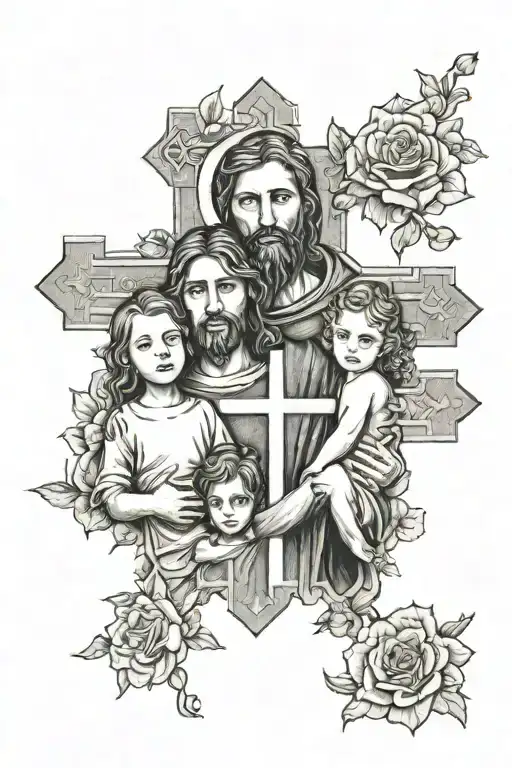 MOM AND DAD WITH SON AND DAUGHTER LOOKING IN JESUS AT CROSS tattoo design idea