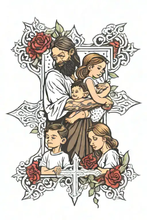 MOM AND DAD WITH SON AND DAUGHTER LOOKING IN JESUS AT CROSS tattoo design idea