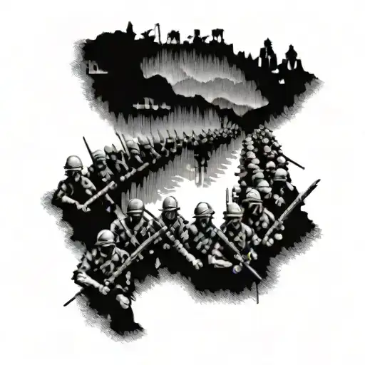 line-of-sight perspective, ((two armies in a war scenario)), with the opposing forces lined up in tidy rows, facing each tattoo design idea