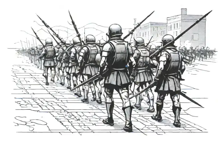 line-of-sight perspective, ((two armies in a war scenario)), with the opposing forces lined up in tidy rows, facing each tattoo design idea