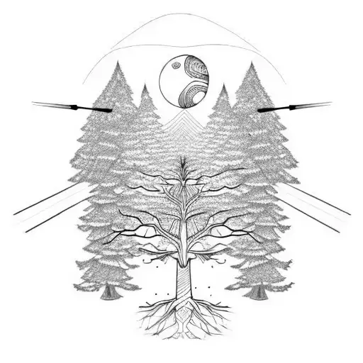 Tree with planets either side on a line, triangle fractal line drawings  tattoo design idea