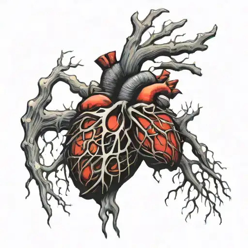 realistick human heart surround with rotten broken dark horror ribs cage tattoo  tattoo design idea
