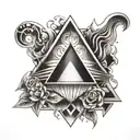 Black and White tatoo equilateral triangle in the center of the tattoo, with a shaded cube dissolving from its sides tattoo design idea