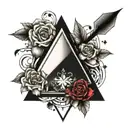 Black and White tatoo equilateral triangle in the center of the tattoo, with a shaded cube dissolving from its sides tattoo design idea