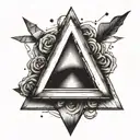 Black and White tatoo equilateral triangle in the center of the tattoo, with a shaded cube dissolving from its sides tattoo design idea