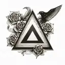 Black and White tatoo equilateral triangle in the center of the tattoo, with a shaded cube dissolving from its sides tattoo design idea