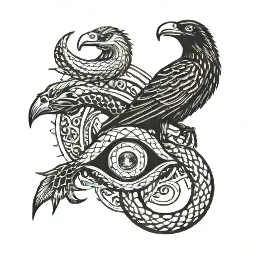 a snake and a crow fighting an eyeball coffin    tattoo design idea