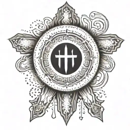 A symbolic tattoo combining Yahweh's name in Hebrew script with a cross and a halo of light rays tattoo design idea