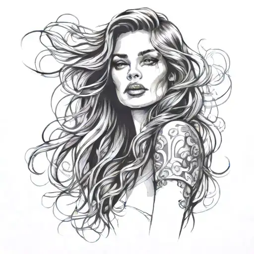 an artistic illustration of a woman with an expressive gaze and delicate facial features. She has long, loose hair tattoo design idea