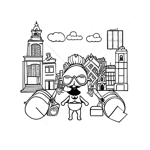 A minimalist tattoo of the iconic Manneken Pis statue with a suitcase, representing the love for travel and the city of Brussels tattoo design idea