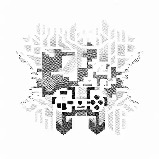 A pixelated video game controller emerging from a lush green forest tattoo design idea