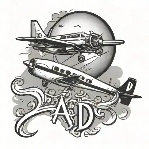 A child's handwriting spelling out 'Dad' with a small airplane flying above it tattoo design idea