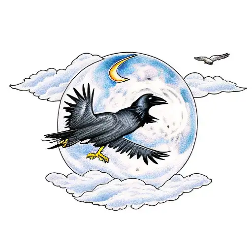 Moon with a raven flying in front of it with lightning in the background tattoo design idea