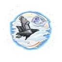 Moon with a raven flying in front of it with lightning in the background tattoo design idea