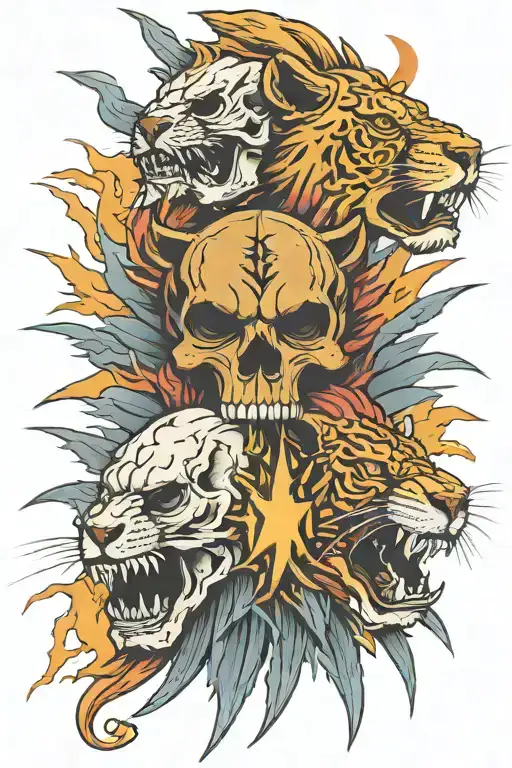 skulls, lions head, lightning, America, sun rise  tattoo design idea