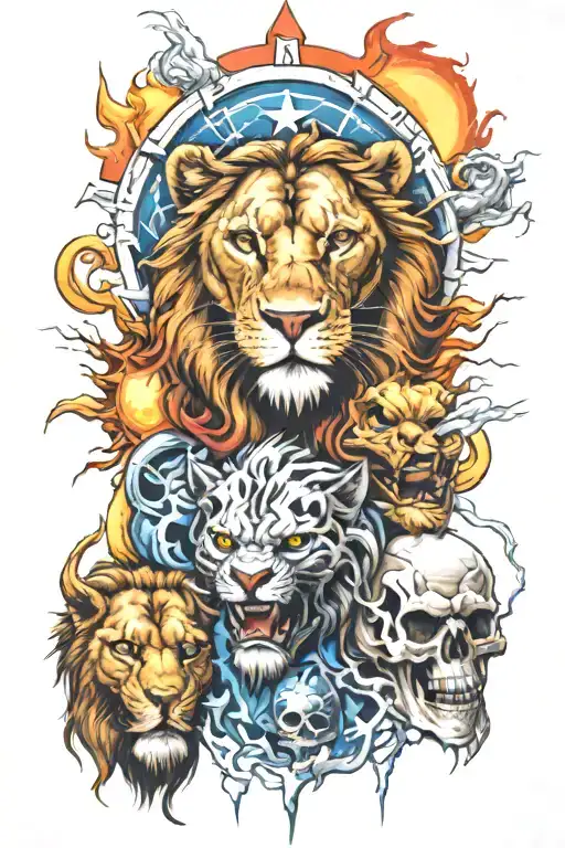 skulls, lions head, lightning, America, sun rise  tattoo design idea