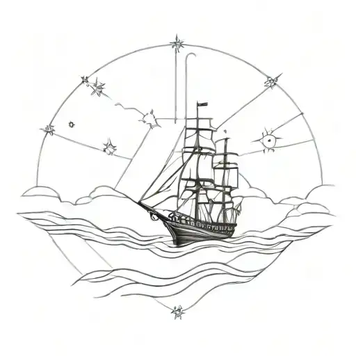northern star guiding lost ship at sea tattoo design idea