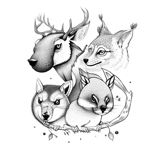 A group of woodland animals playing various outdoor games in a lush forest tattoo design idea