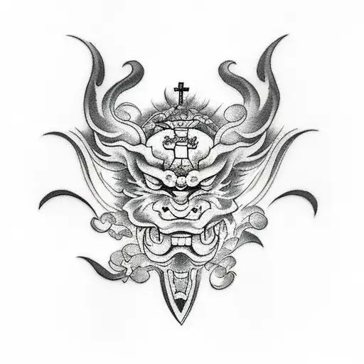 Design a tattoo that symbolizes the client's devotion to both Christianity and the enigmatic allure of the Oni tattoo design idea