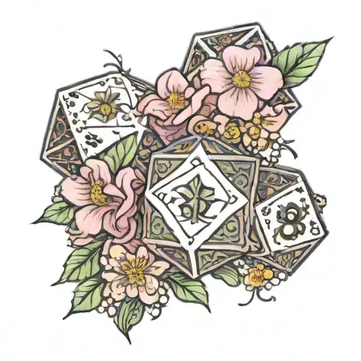 flowers, D20 dice, feminine, pretty, nerdy, magical,  tattoo design idea