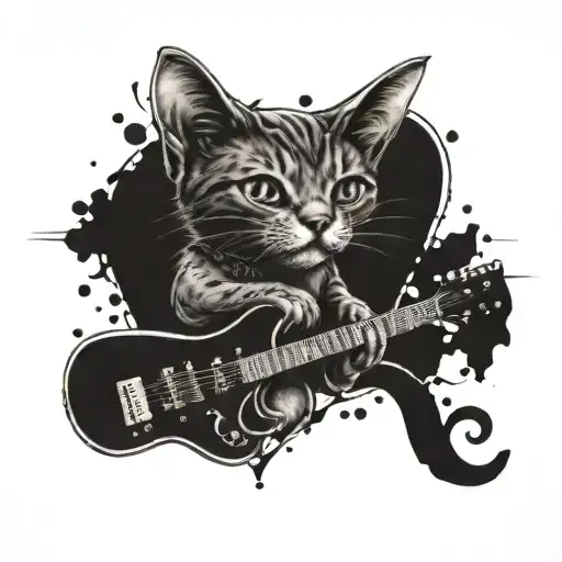 A tattoo of a cat playing a punk rock guitar, with a newborn baby riding on its back, representing the client's love for their son and pets tattoo design idea
