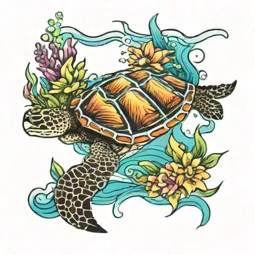 underwater scene colorful with a sea turtle swimming and garden city nc pier in the background tattoo design idea