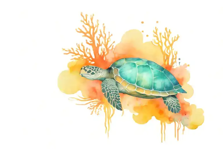 underwater scene with coral colorful with a sea turtle swimming and a pier in the background tattoo design idea