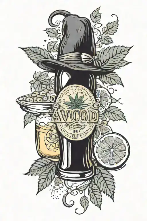 Beer, lemon, cannabis, avocado, 22:22 hour tattoo design idea