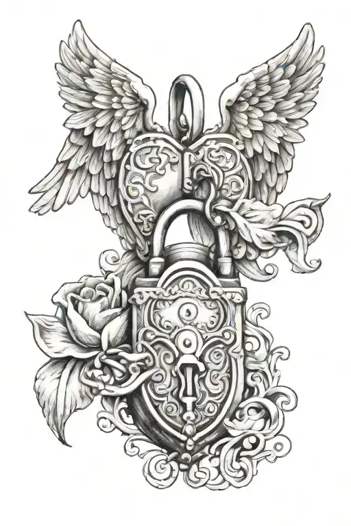 angel wings holding a heart shaped lock being opened tattoo design idea