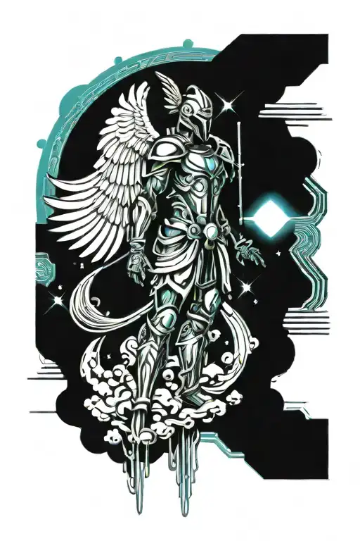 angelic warrior standing on a cloud background tattoo design idea