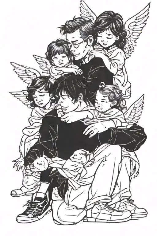 father two daughters a little son and an Angel tattoo design idea