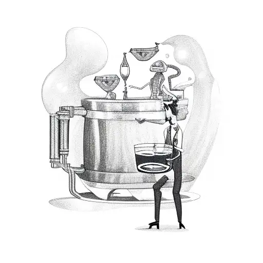 Illustration of an alien bartender pouring beer from a galaxy tap tattoo design idea