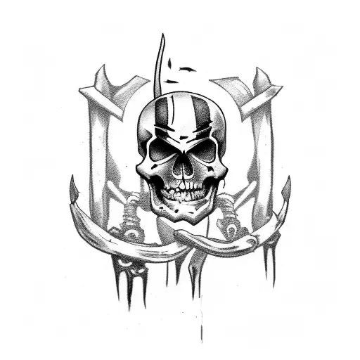 Generate a straightforward black and white tattoo-style image of a barbarian pirate skeleton.  tattoo design idea