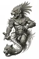 Aztec Jaguar warrior with Aztec god in the back  tattoo design idea