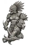 Aztec Jaguar warrior with Aztec god in the back  tattoo design idea