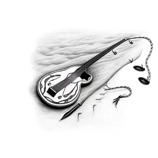 Guitar with a fishing lure as the strings tattoo design idea