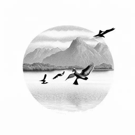 Ducks flying over a lake at sunset tattoo design idea