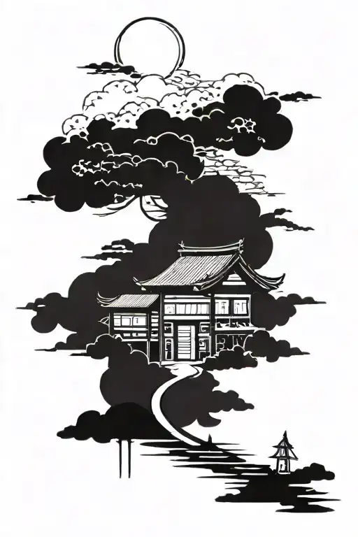 An old Japanese house has blades stuck in the floor in front of the house, with Japanese clouds and the sun in the background. tattoo design idea