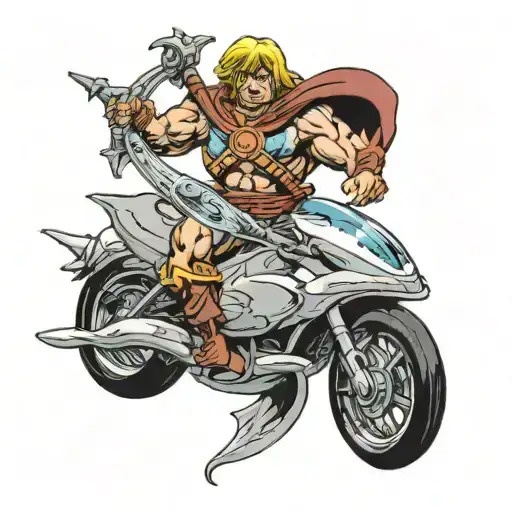 he-man riding dolphin with handlebars intertwined tattoo design idea