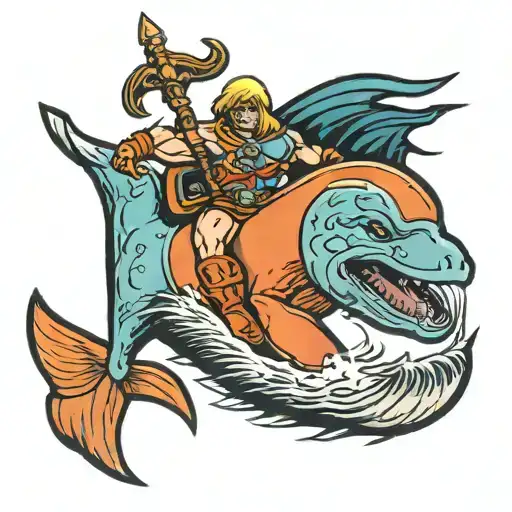 he-man riding dolphin with handlebars  tattoo design idea