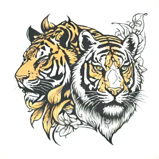 Half Bison face half tiger face with a tiger lily background tattoo design idea