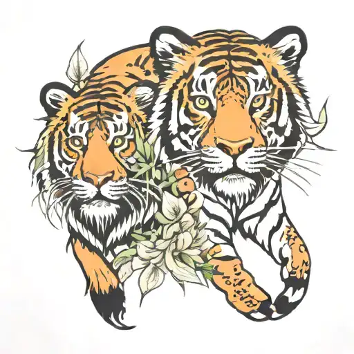 half Bison and a tiger with a tiger lily flower behind tattoo design idea