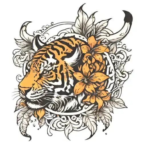 half Buffalo and a tiger with a tiger lily flower behind tattoo design idea