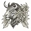 Half Bison face half tiger face with a tiger lily background tattoo design idea